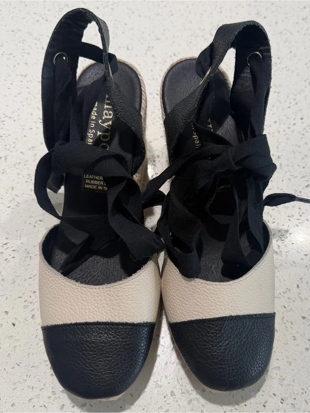 Maypol Espadrille Wedge Sandals EU 39 US 8.5 Black Cream Leather Cap Toe Spain
